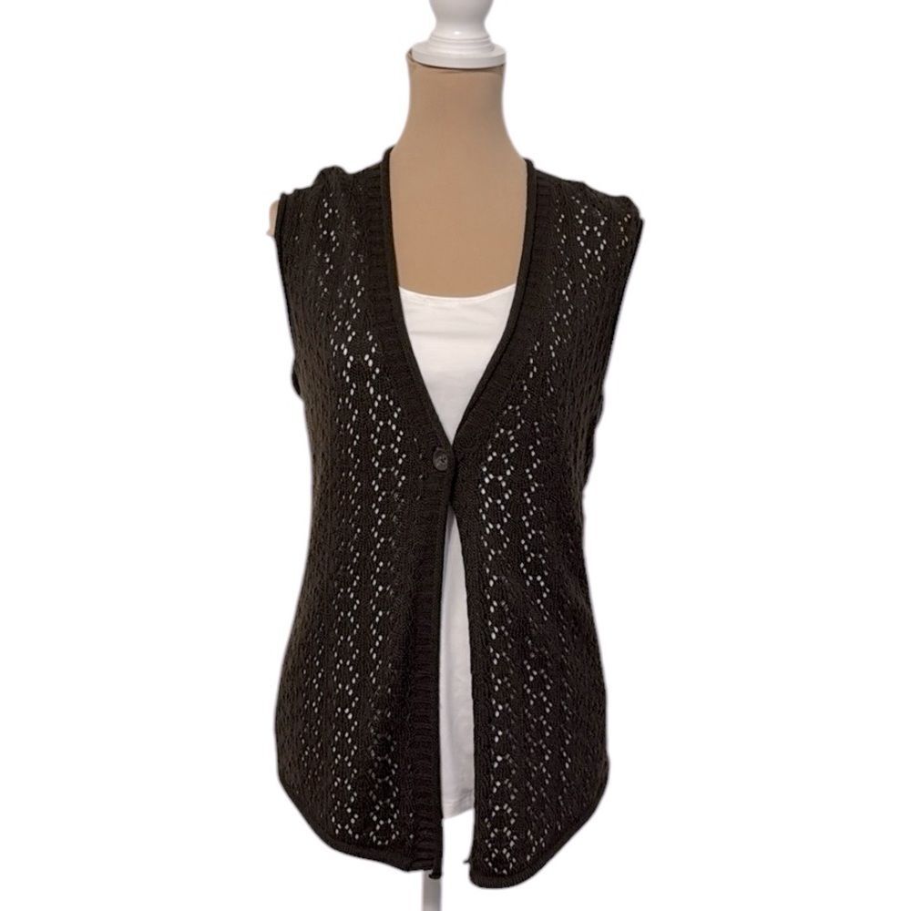 Y2K Style One Button Vest Cardigan with Open Knit Front Brown Large